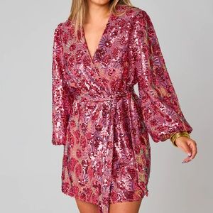 Buddy love Adeline wrap dress in wild strawberry sequin